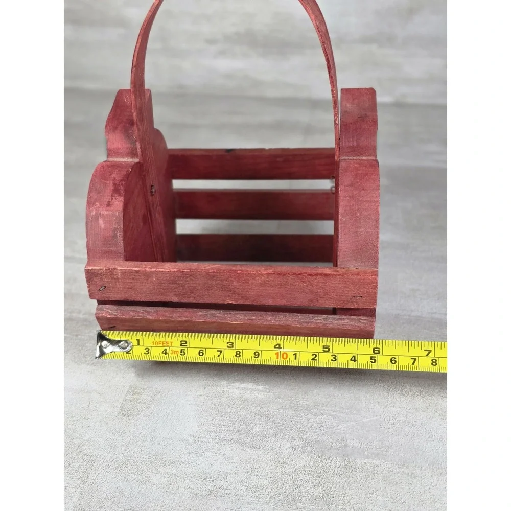 VTG hand-painted Red Wooden apple shaped basket carry handle Cottagecore Rustic